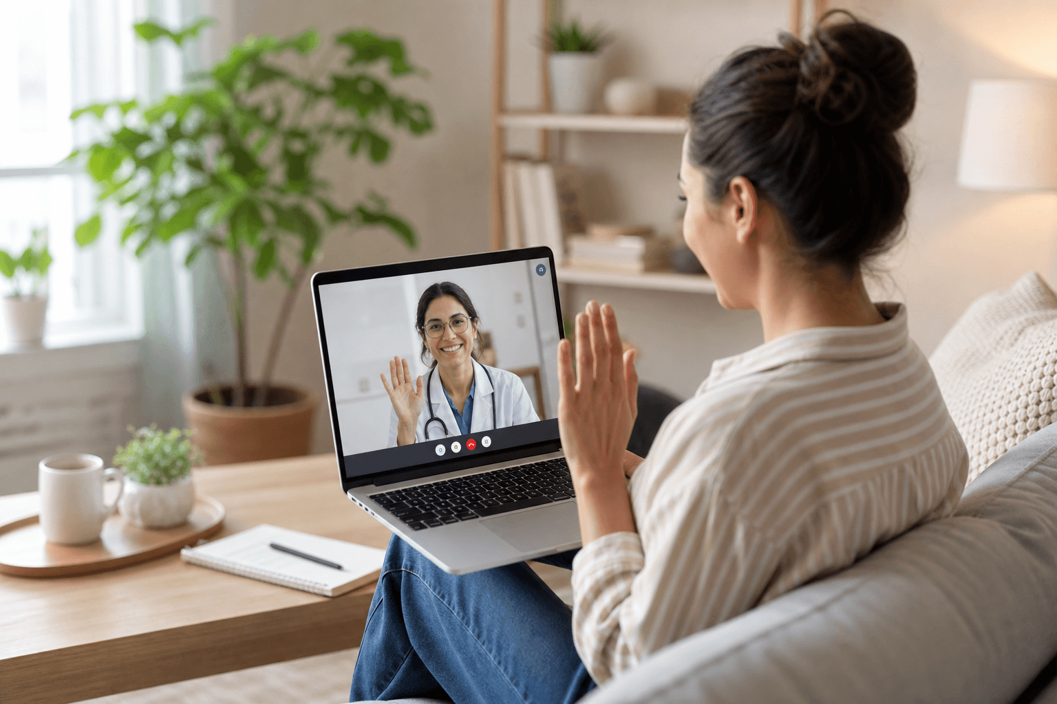 Person connecting with a virtual care provider from home